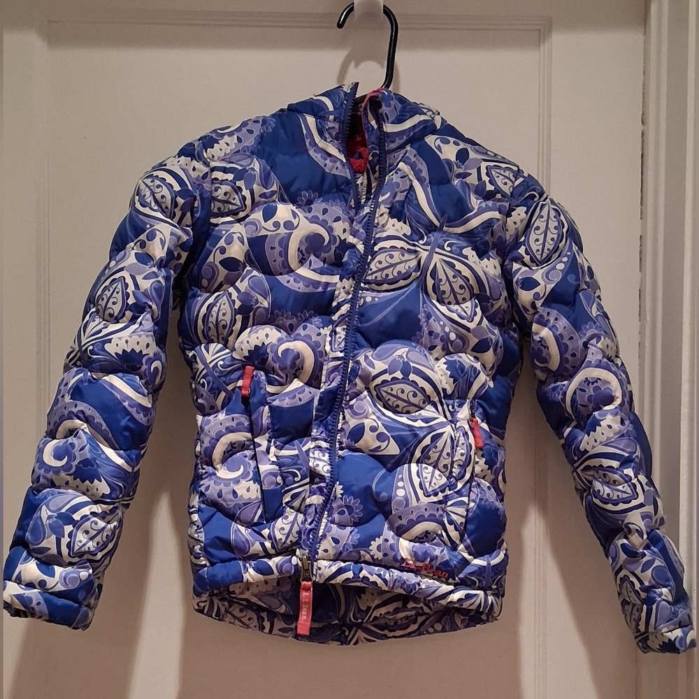 L.L. Bean Kids Blue and White Patterned Puffer Jacket